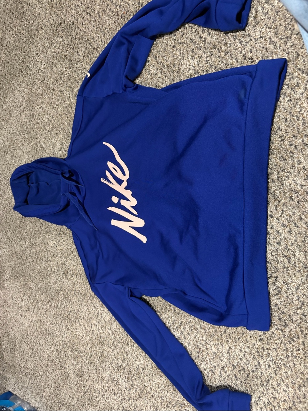 Nike Women's Royal Blue Hoodie with Light Pink Script Logo